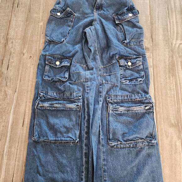 Fashion Nova Cargo Jeans Juniors Size 1 Blue High Rise - Picture 3 of 6